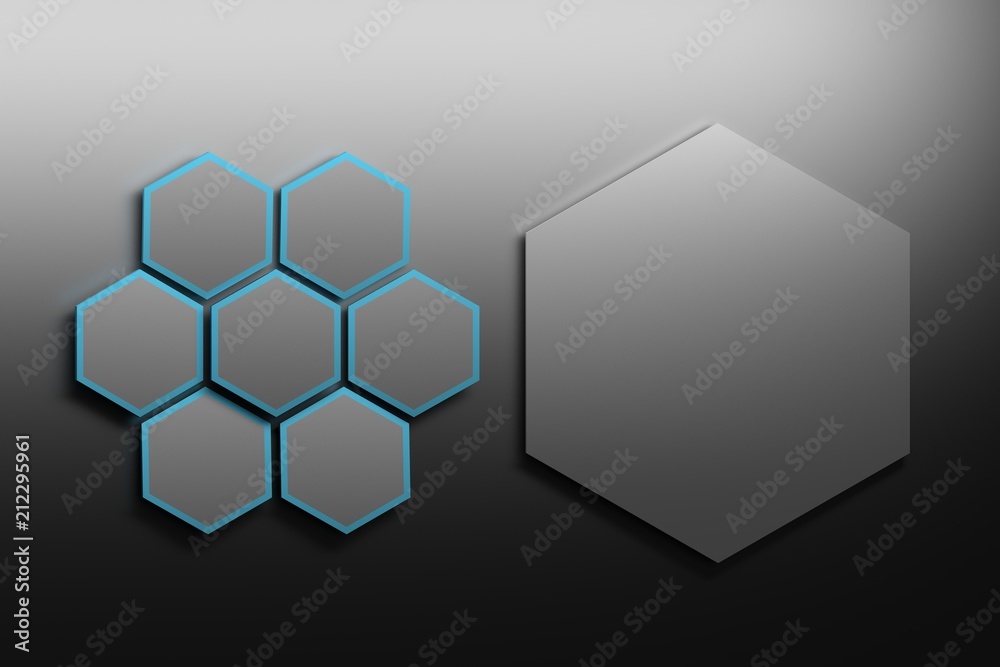 Wall mural seven small black hexagons with a big one on the right of the image. template for presentation with 