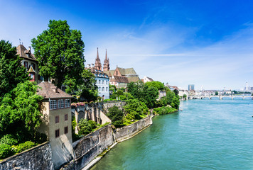 Fototapeta na wymiar BASEL, SWITZERLAND - June 16, 2017: Rhine river in Basel, Switzerland