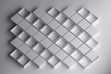 Pattern with white boxes. Opened and closed boxes arranged in rows. 3d illustration.