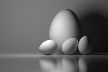 Four Easter eggs. One big and three small white eggs. Image tinted in blue color. Monochrome image. 3d illustration.