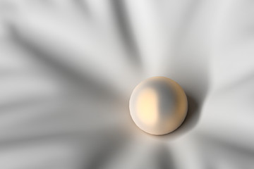 Single pearl sphere on the white cloth. Abstract background. 3d illustration.