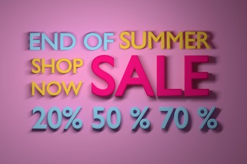 Summer Sale banner with big percent numbers in vibrant colors. 3d illustration.