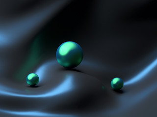 Three shiny balls spheres over wavy futuristic glossy sci-fi surface. 3d illustration.