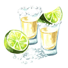 Tequila shot with lime and salt. Hand drawn watercolor illustration  isolated on white background
