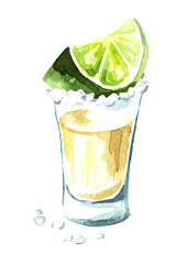Tequila shot with lime and salt. Hand drawn watercolor vertical illustration, isolated on white background