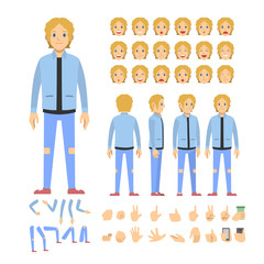 street man jeans character set. Full length. Different view, emotion, gesture.
