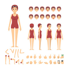 swimmer girl character set. Full length. Different view, emotion, gesture.
