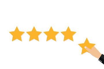 Star rating. Holding a gold star, to give five. Feedback concept. Evaluation system. Positive review. Vector illustration flat design. Isolated on white background. Quality work.
