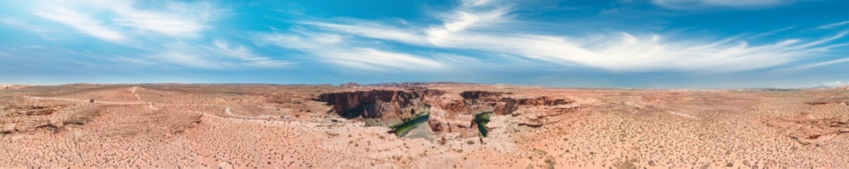 Panoramic sunset aerial view of Horseshoe Bend in Page, Arizona, USA