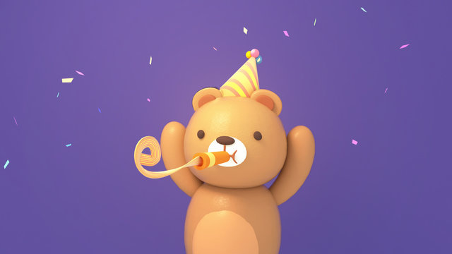 3D happy birthday bear blowing party horn. 3d rendering picture.