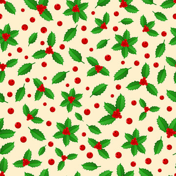 Endless pattern with leaves and berries of Holly. Design element and Christmas attribute. Suitable for print, wallpaper, packaging. Vector illustration.