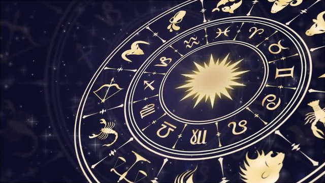 Horoscope wheel, zodiac circle on the dark background with glowing particles