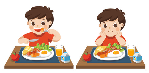 Concept of Health and growing children. Little boy happy to eat breakfast and Unhappy to eat breakfast.
