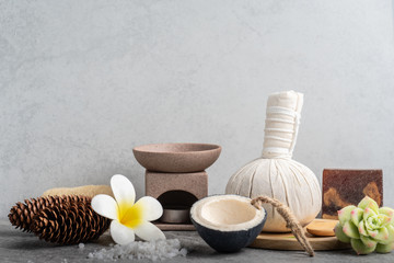 Aromatherapy  product  Spa set massage with concrete  background. top view,flat lay composition.