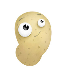 The cute potato with big round eyes is looking up and smiling on the white background