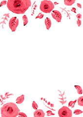 Painted watercolor composition with flowers and leaves. Frame of roses. Floral border. Can be used as invitation card for wedding, birthday, other holiday, summer background, poster, banner.