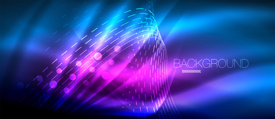 Neon glowing wave, magic energy and light motion background. Wallpaper template, hi-tech future concept