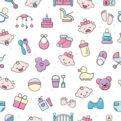 Baby icons vector kids toy for infant boys or girls in babyroom and childs bottle or stroller illustration set of children signs bed for newborn seamless pattern background