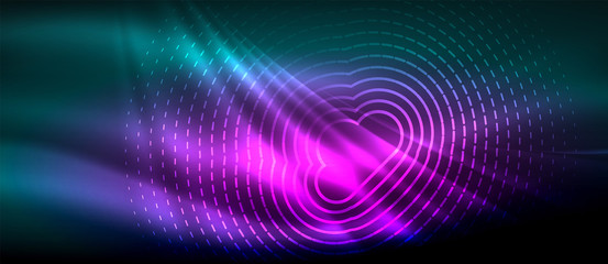 Neon glowing wave, magic energy and light motion background. Wallpaper template, hi-tech future concept