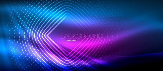 Neon glowing wave, magic energy and light motion background. Wallpaper template, hi-tech future concept