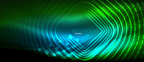 Neon glowing wave, magic energy and light motion background. Wallpaper template, hi-tech future concept