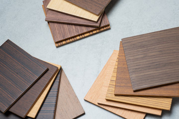 samples of material, wood , on concrete table.Interior design select material for idea.