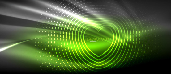 Obraz premium Neon glowing wave, magic energy and light motion background. Wallpaper template, hi-tech future concept