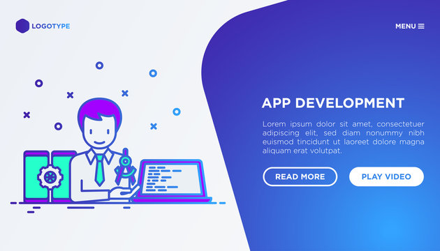 App development concept: developer coding on laptop. Modern vector illustration, web page template on gradient background.