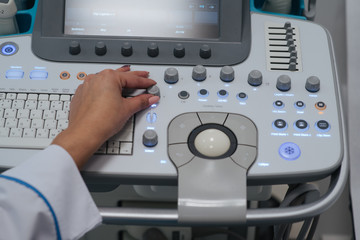 Ultrasound medical device for diagnostics. The procedure of ultrasound examination. Diagnosis and research of diseases with help of ultrasound of abdomen and give to pregnant women of the hospital.