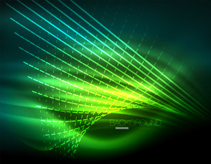 Smooth light effect, straight lines on glowing shiny neon dark background. Energy technology idea