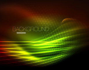 Smooth light effect, straight lines on glowing shiny neon dark background. Energy technology idea