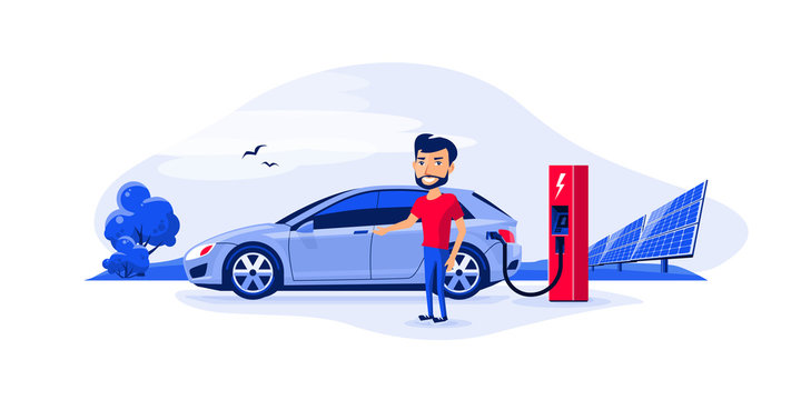 Flat vector illustration of a electric car charging at the charger station with a young smiling man. Green trees nature and solar panels in the background. Electromobility e-motion concept. 
