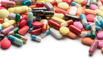 Pharmacy theme. Multicolored Isolated Pills and Capsules.