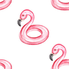 Seamless pattern. Pink Flamingo inflatable pool float. Watercolor illustration on white background.