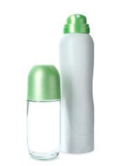 Different deodorants on white background. Skin care
