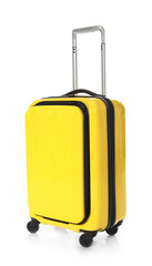 Bright yellow suitcase on white background