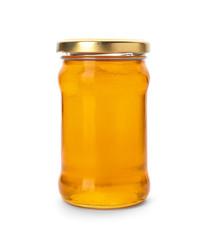 Jar with delicious honey on white background