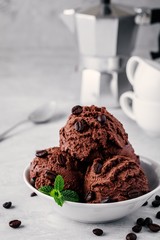 A bowl of chocolate coffee ice cream scoops with mint leaves