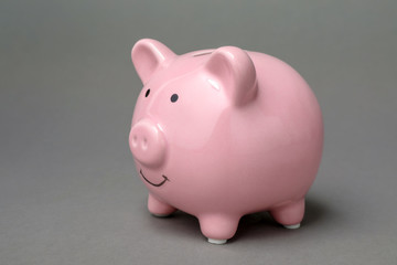 Cute pink piggy bank on gray background