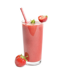 Glass with tasty strawberry smoothie on white background