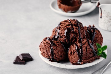 A plate of chocolate ice cream scoops with chocolate sauce