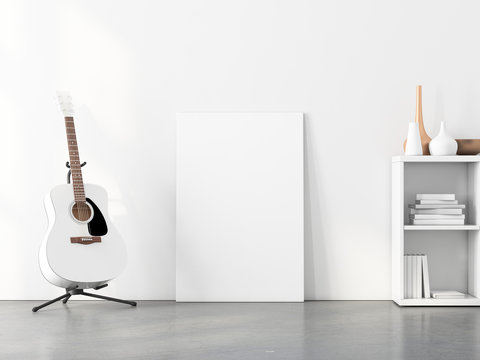 Vertical Artwork poster Mockup with acoustic guitar, 3d rendering