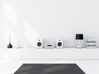 White blank wall mockup with Modern audio stereo system and white speakers on bureau in modern interior - obrazy, fototapety, plakaty