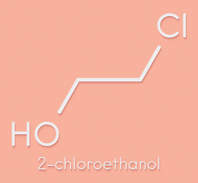 Ethylene chlorohydrin molecule. Side product formed during ethylene oxide sterilization. Skeletal formula.