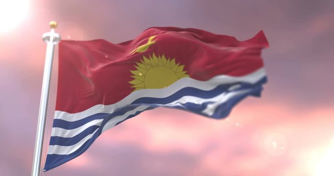 Kiribati flag waving at wind in slow at sunset, loop