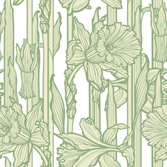Seamless pattern with beautiful narcissus flowers in art nouveau style