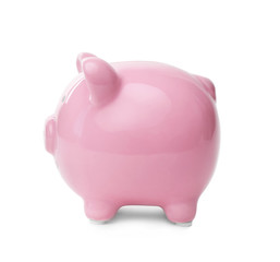 Pink piggy bank on white background. Money saving