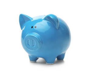Blue piggy bank on white background. Money saving