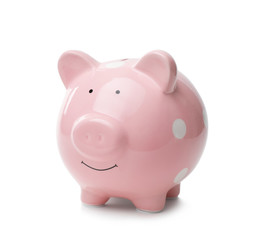 Cute pink piggy bank on white background. Money saving