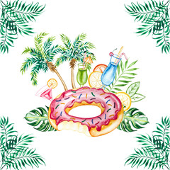 Watercolor beach tropical  set. Hand drawn summer objects: citrus, cocktails, palm, leaves and donut inflatable pool float. Illustration isolated on white background.